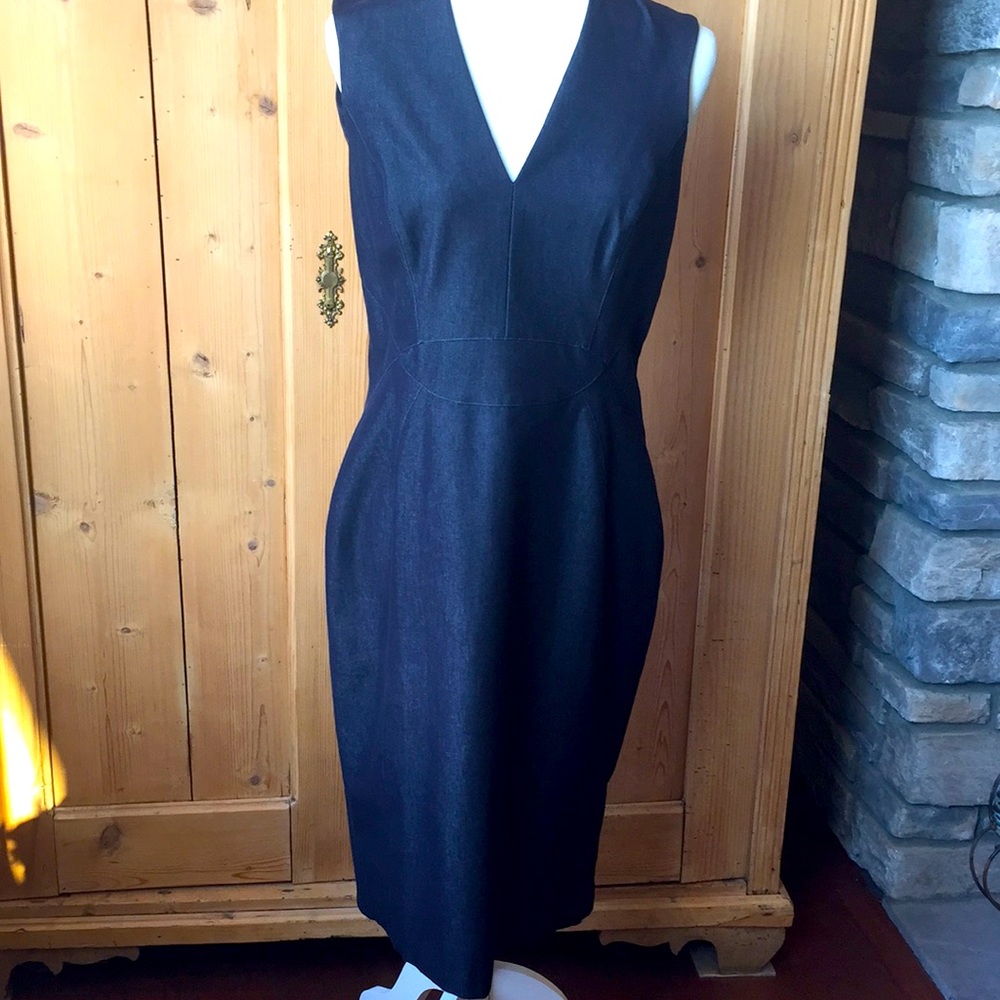 White House black market sleeveless denim dress. Dark navy v neck/black lining